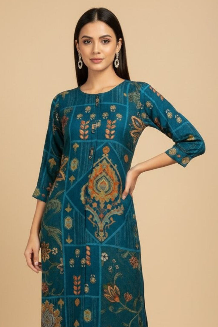 Peacock Blue Beads work with Digital Print Straight Cut Salwar Suit