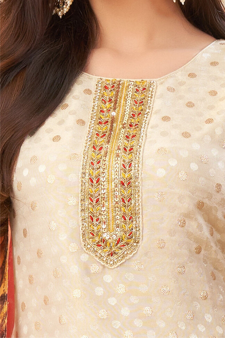 Cream Banaras, Zardozi, Stone, Thread and Sequins work Straight Cut Salwar Suit