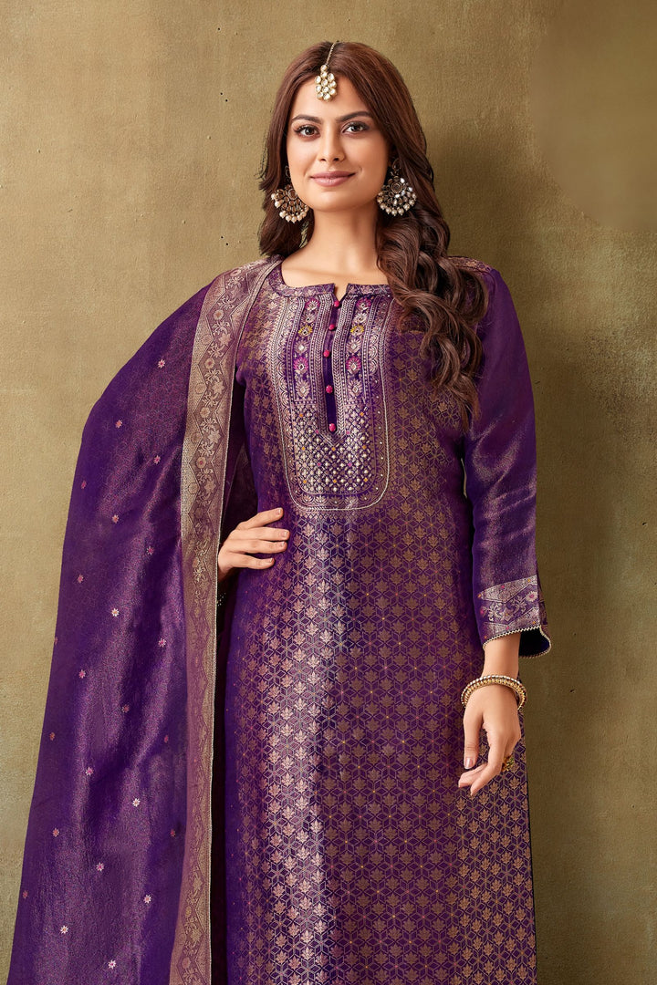 Purple Stone, Mirror, Zardozi, Thread and Brocade work Straight Cut Salwar Suit