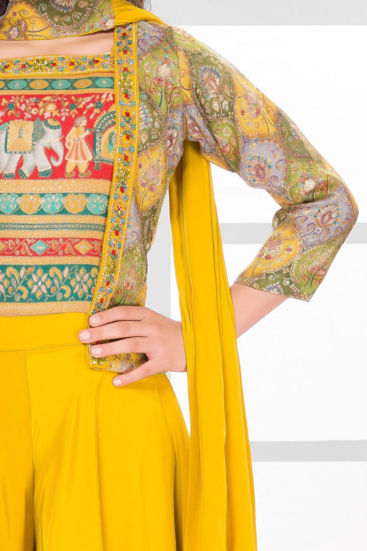 Yellow Zari and Beads work with Digital Print Jacket Styled Palazzo Set for Girls