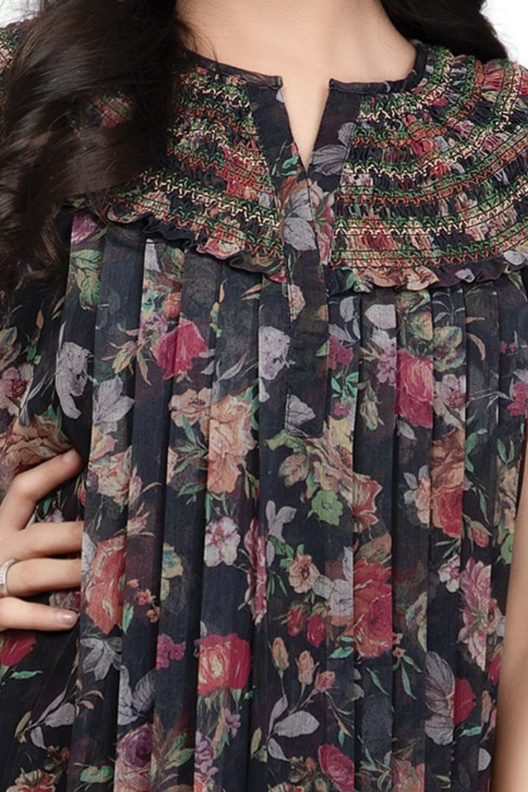 Girls Floral Print Casual Frock with Smocked Yoke