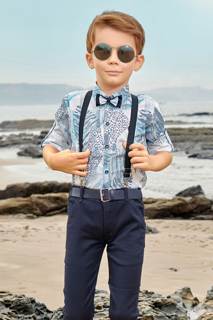 White with Navy Blue Printed Suspender Style Pant Shirt Set for Boys with Bow and Belt