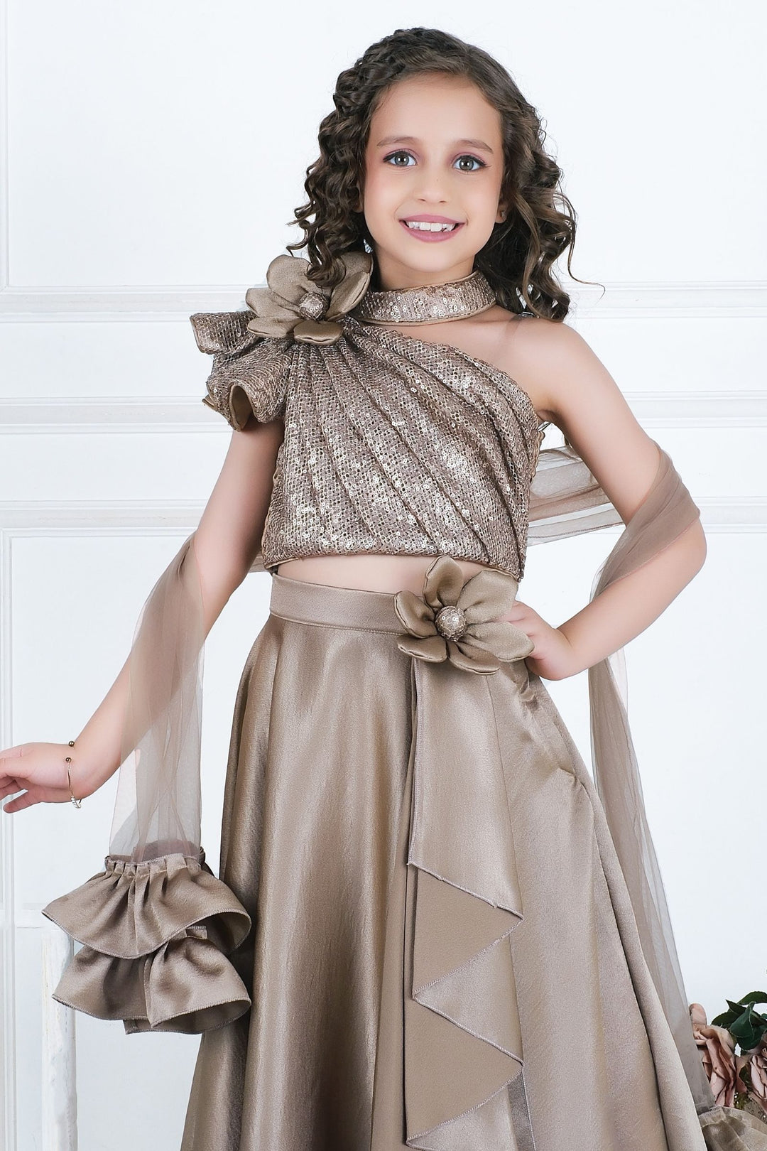 Gold Sequins One-Shoulder Top with Choker Neck and Flared Lehenga for Girls