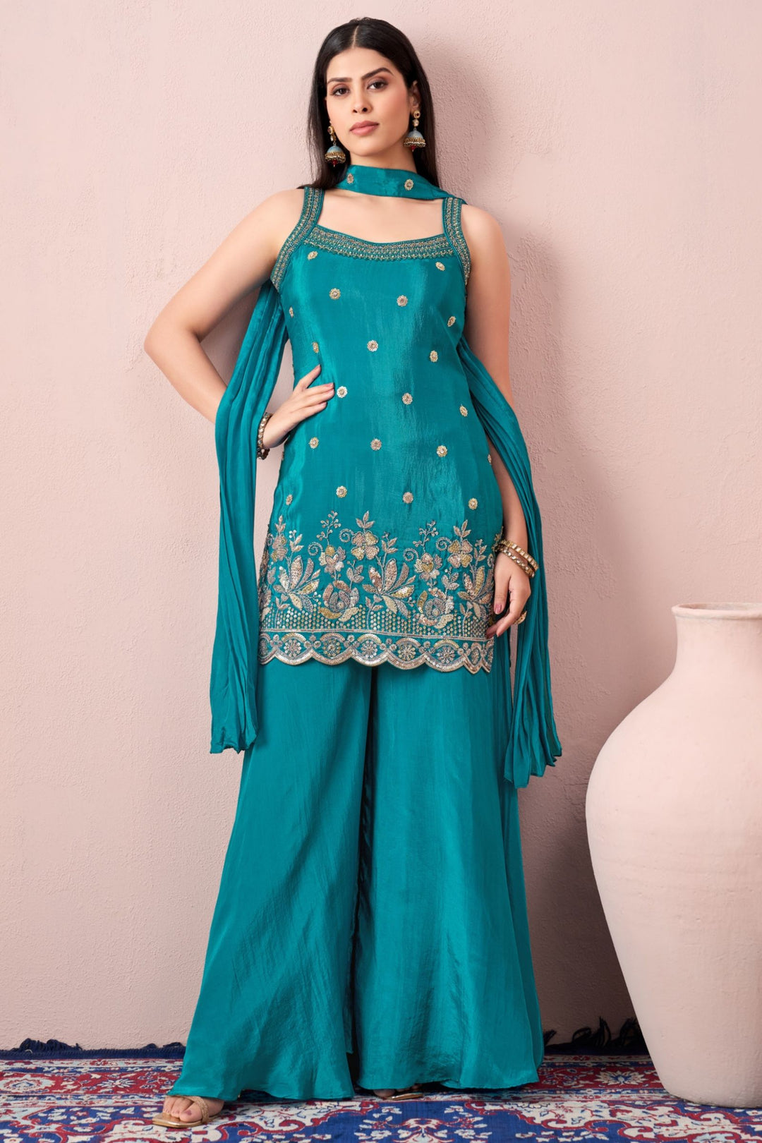 Rama Blue Sequins, Zari, Beads and Stone work Palazzo Salwar Suit