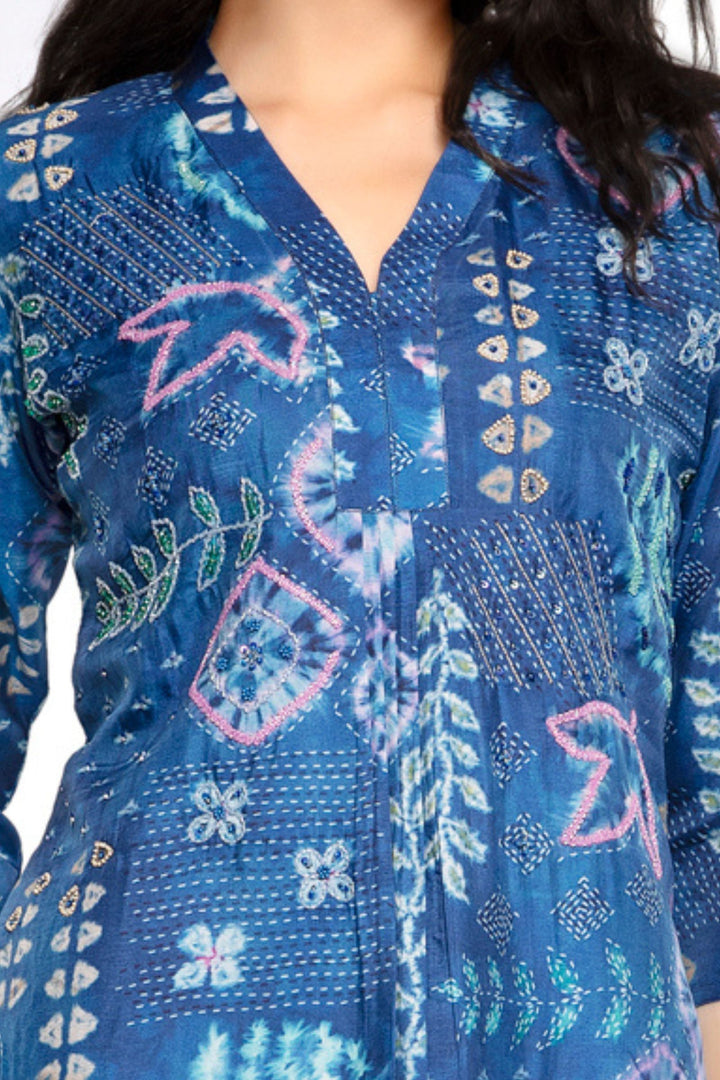 Blue with Digital Print, Beads and Sequins work Calf Length Kurti