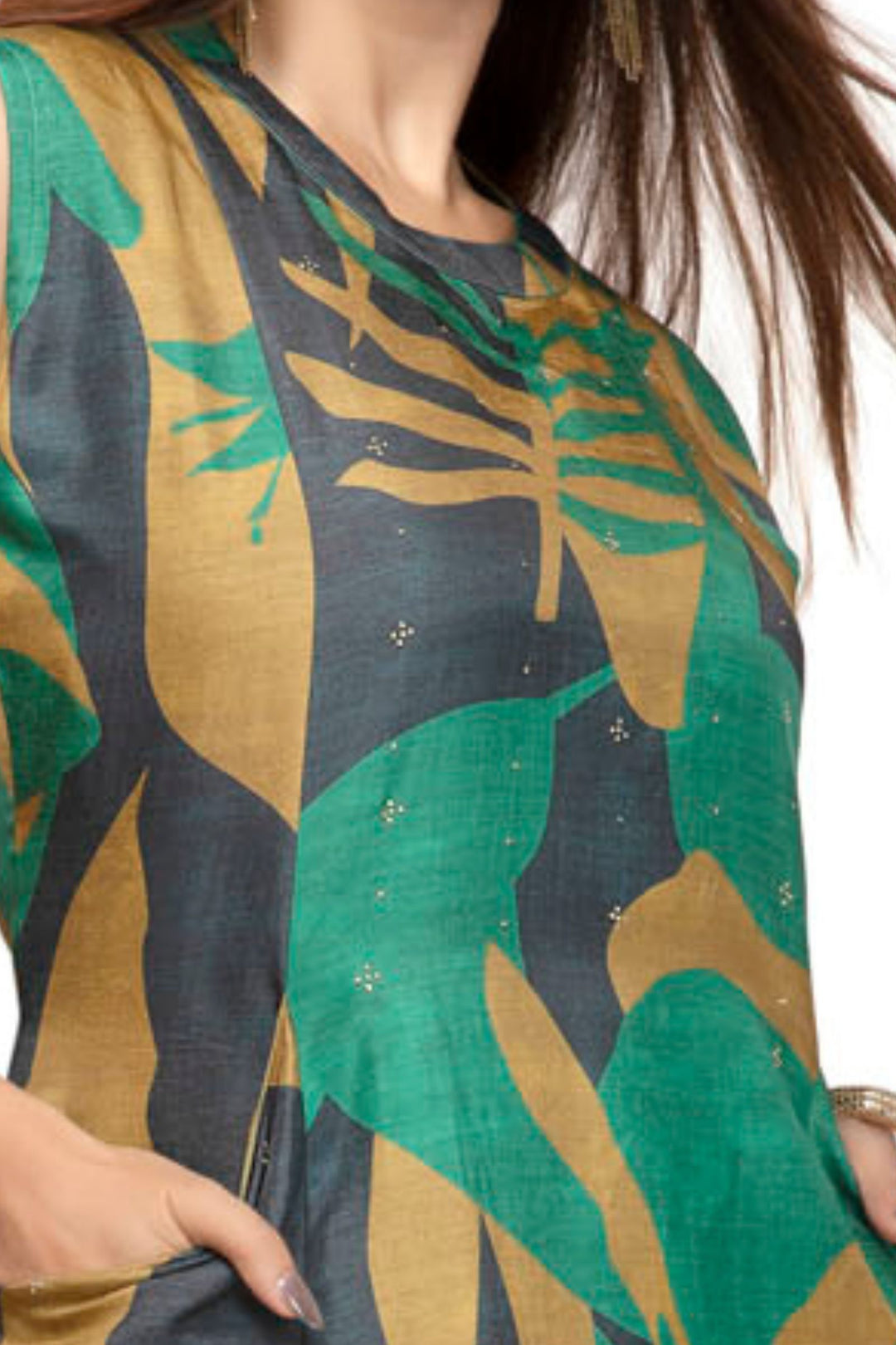 Green Stone work with Abstract Print A-Line Cut Calf Length Kurti