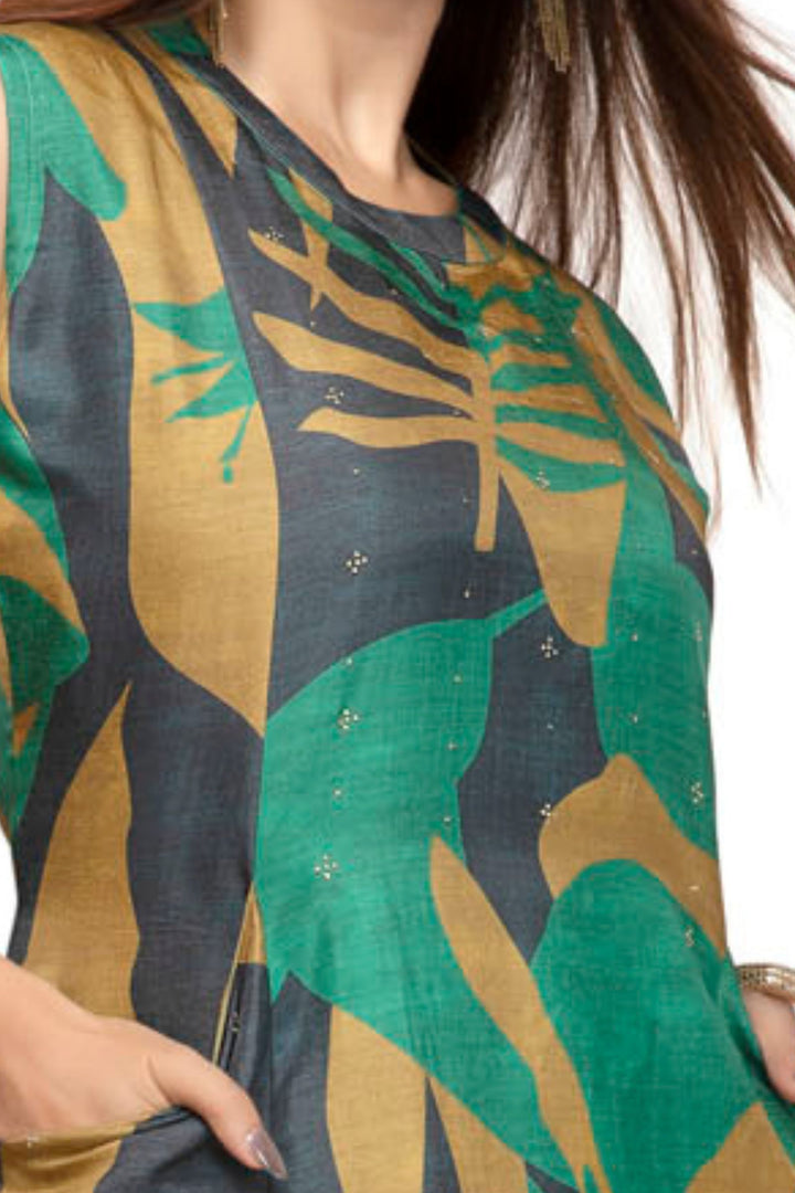 Green Stone work with Abstract Print A-Line Cut Calf Length Kurti