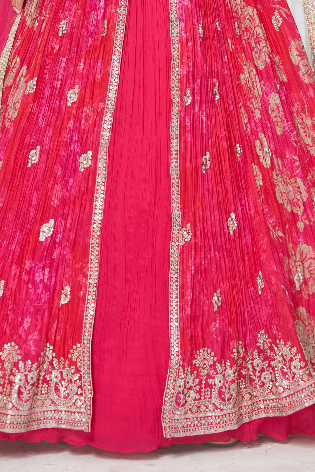 Red Zari and Sequins work with Digital Print Long Top Lehenga