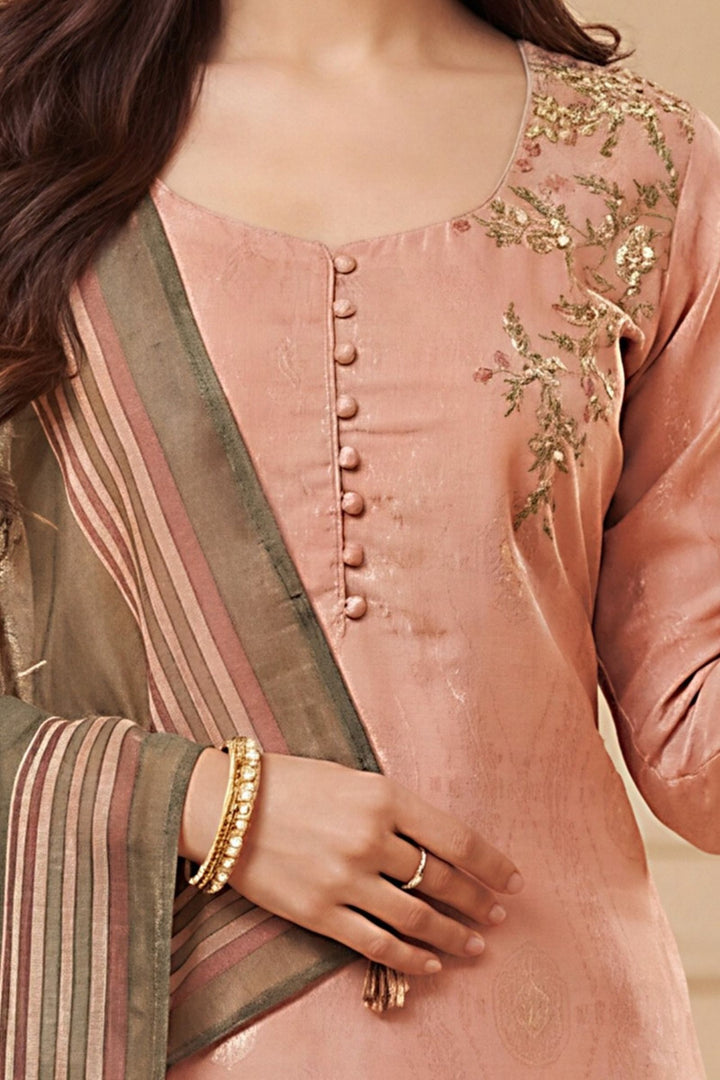 Onion Pink Beads, Zardozi, Zari and Sequins work with Digital Print Straight Cut Salwar Suit