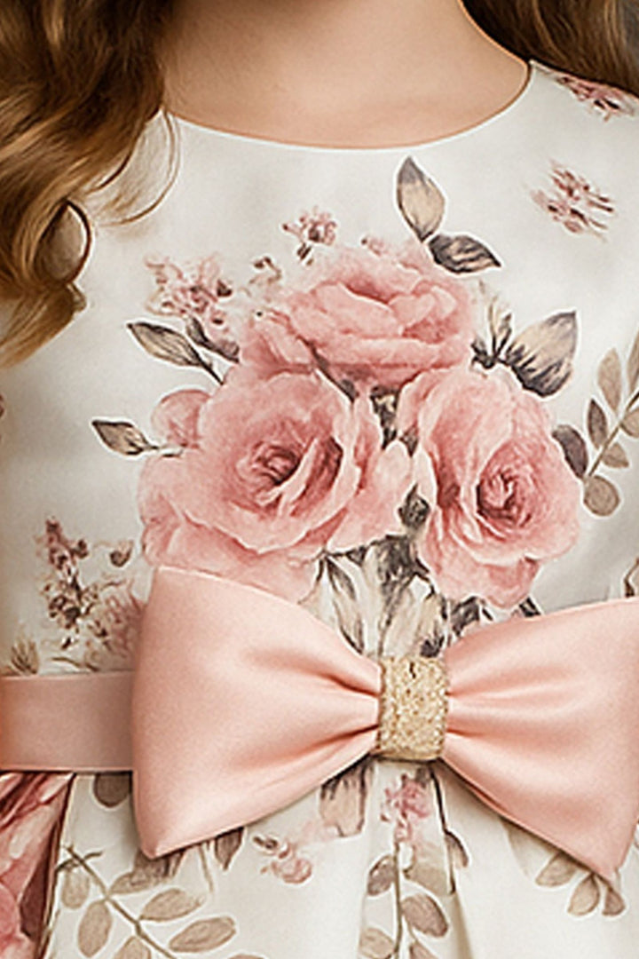 Half White Stone work with Floral Print Short Partywear Frock for Girls