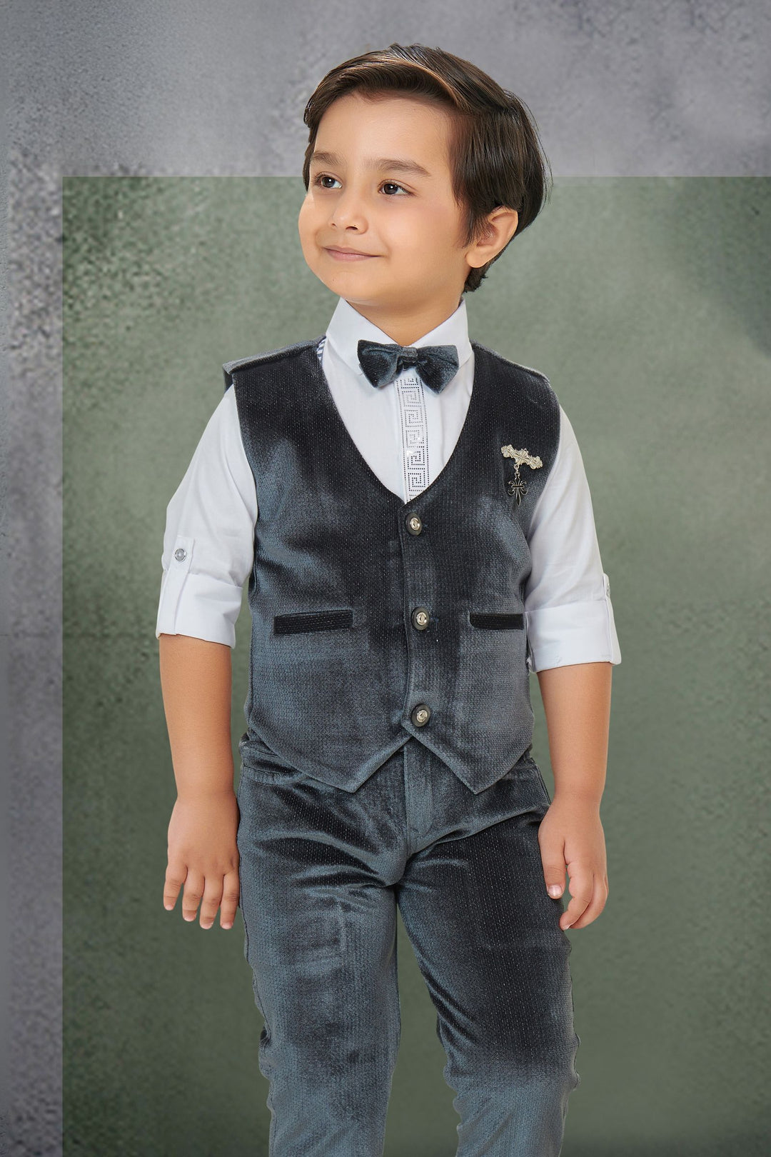 Grey with White Waist Coat, Shirt and Suspender Style Pant Set for Boys