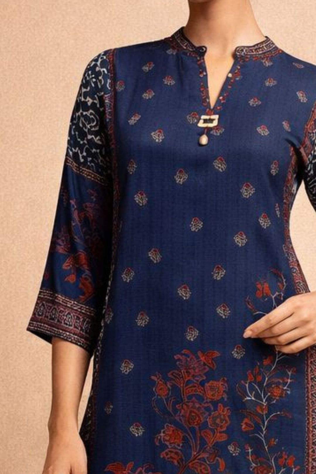 Navy Blue Beads work with Ajrakh Print Calf Length Kurti