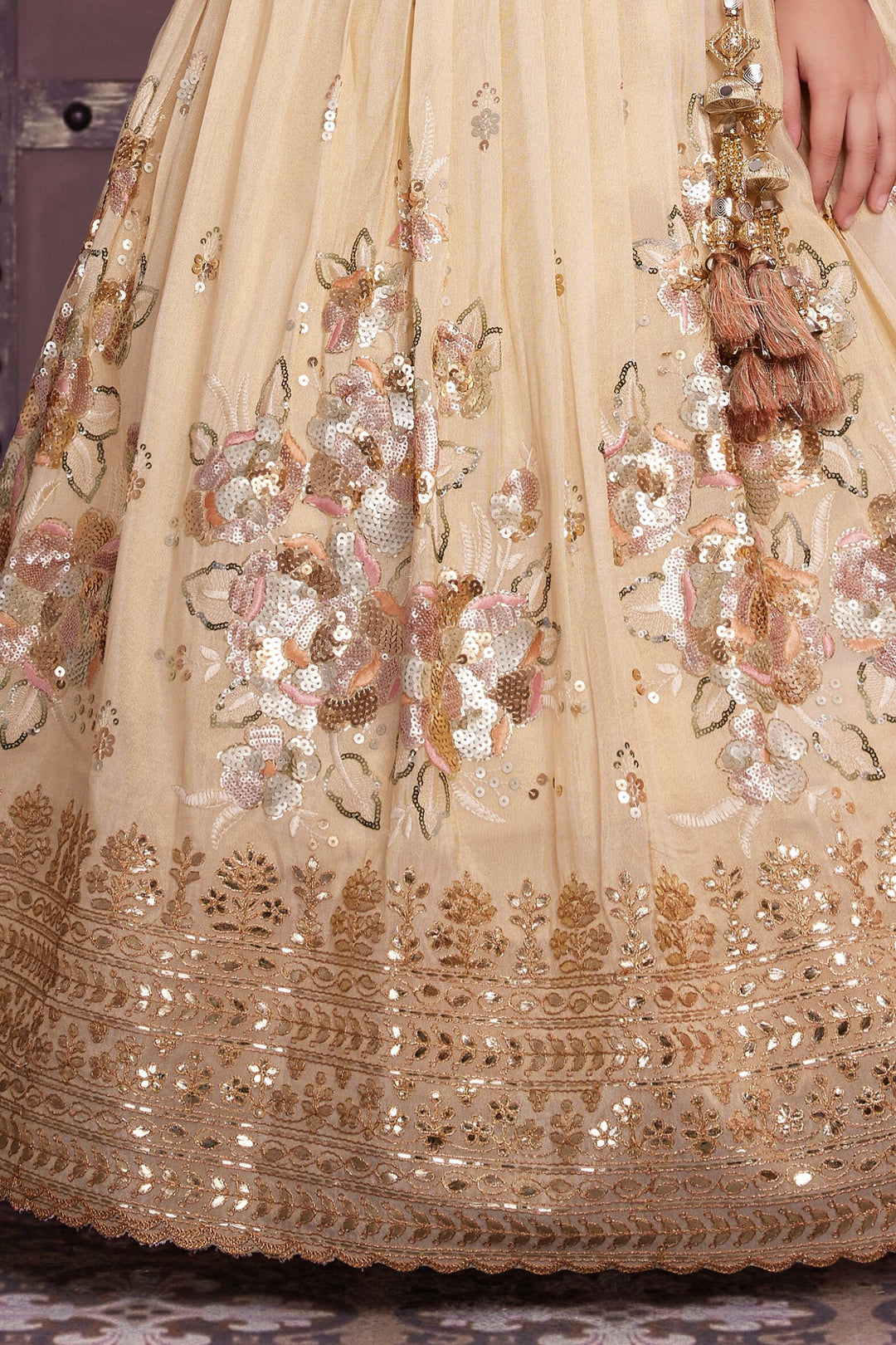 Beige Sequins, Zari and Thread work Overcoat Styled Lehenga Choli for Girls