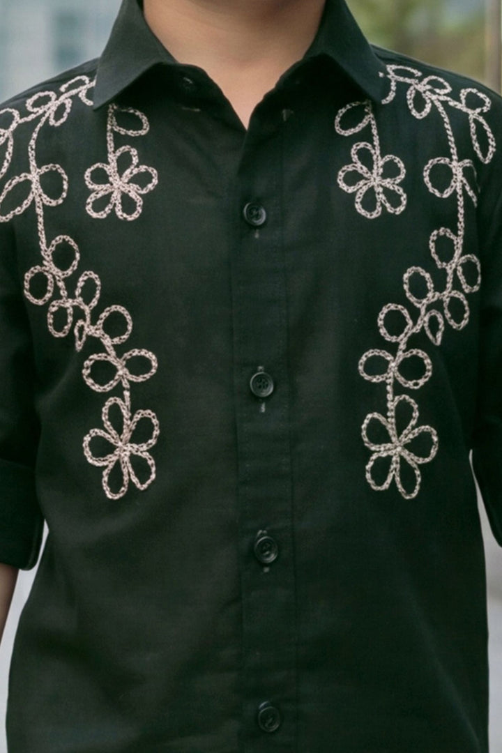 Bottle Green Thread work Shirt and Cream Pant Set for Boys