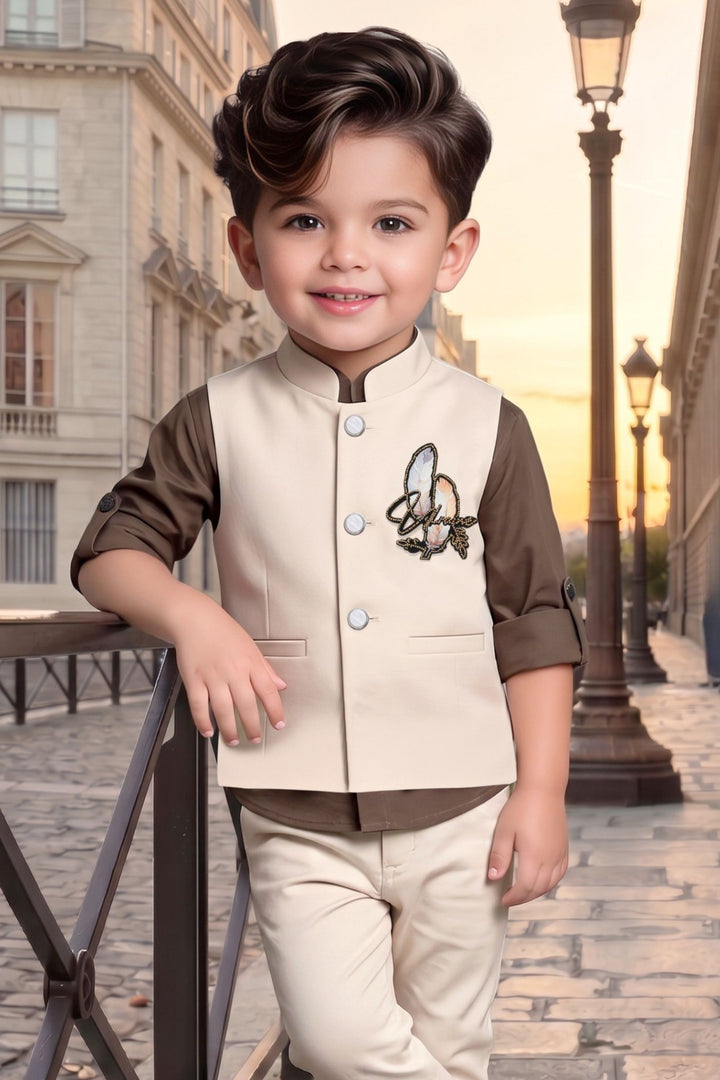Beige Boys Waistcoat Set with Brown Shirt and Beige Pants