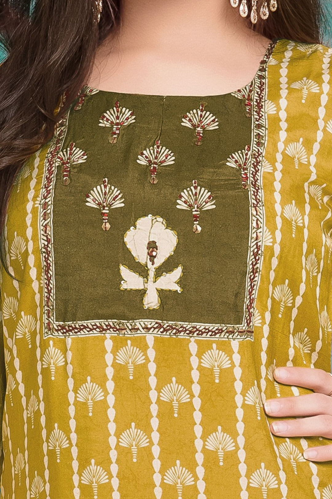 Mustard with Printed Straight Cut Salwar Suit for Girls