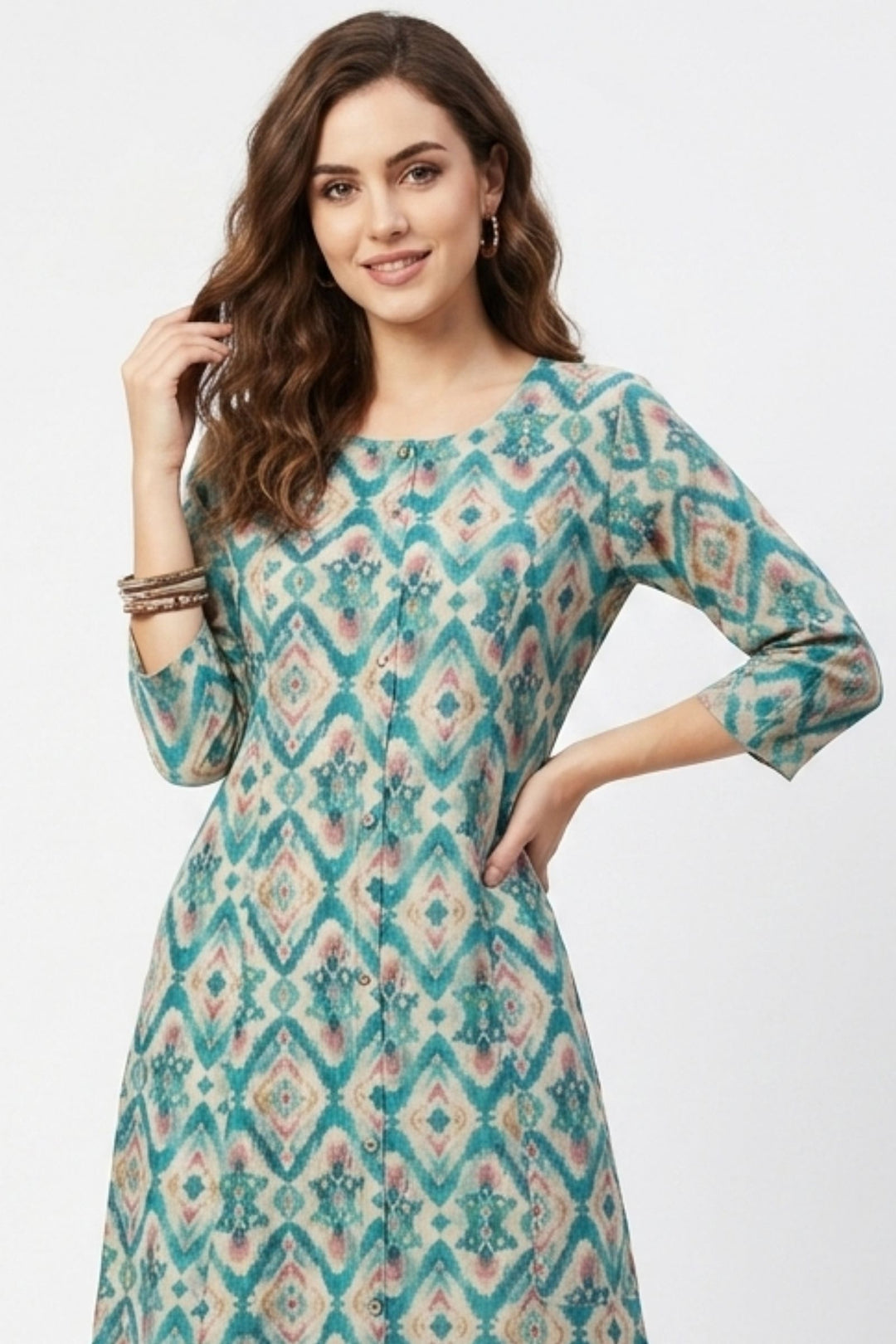 Beige with Blue Digital Print A-Line Cut Calf Length Kurti