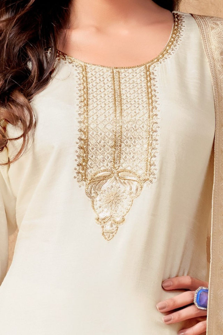 Cream Sequins, Zari, Beads and Zardozi work Straight Cut Salwar Suit