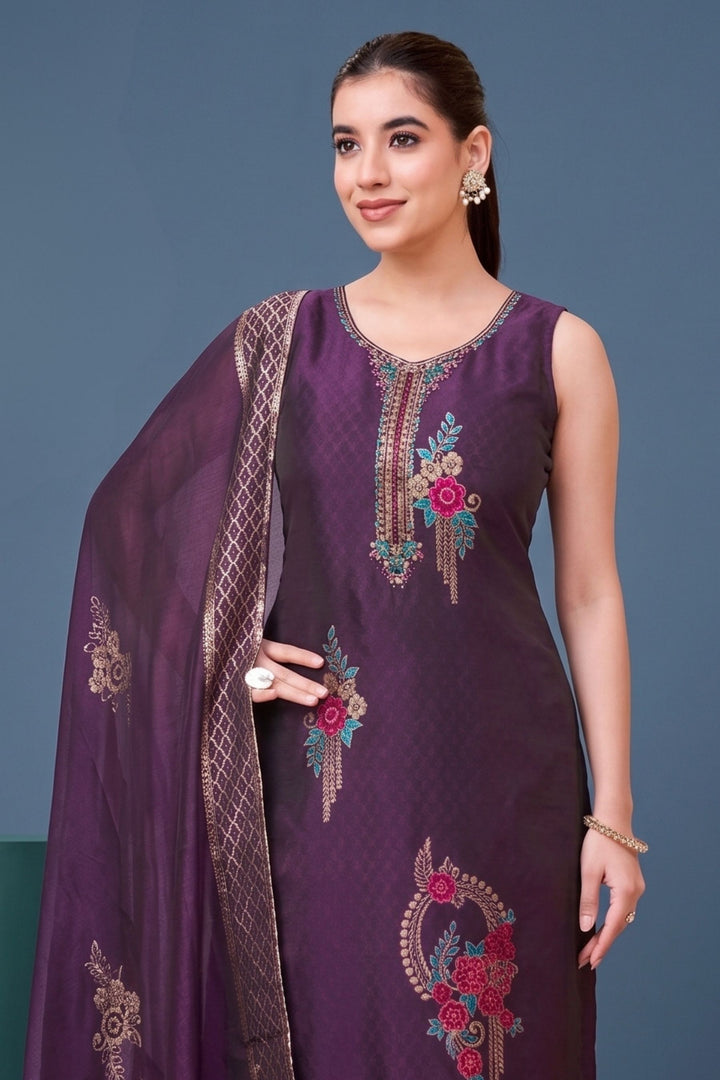 Purple Banaras, Beads, Stone, Thread, Mirror and Zardozi work Straight Cut Salwar Suit