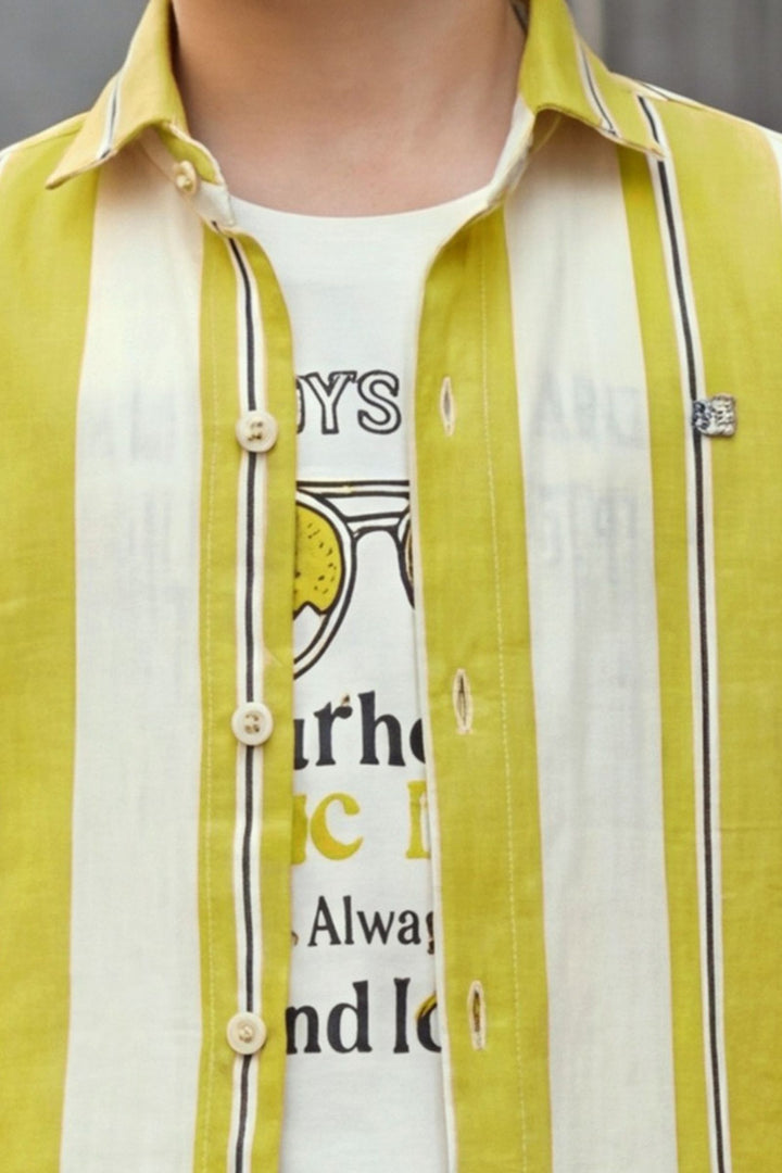 Cream with Lemon Yellow Print Blazer, T-Shirt and Blue Pant Set for Boys