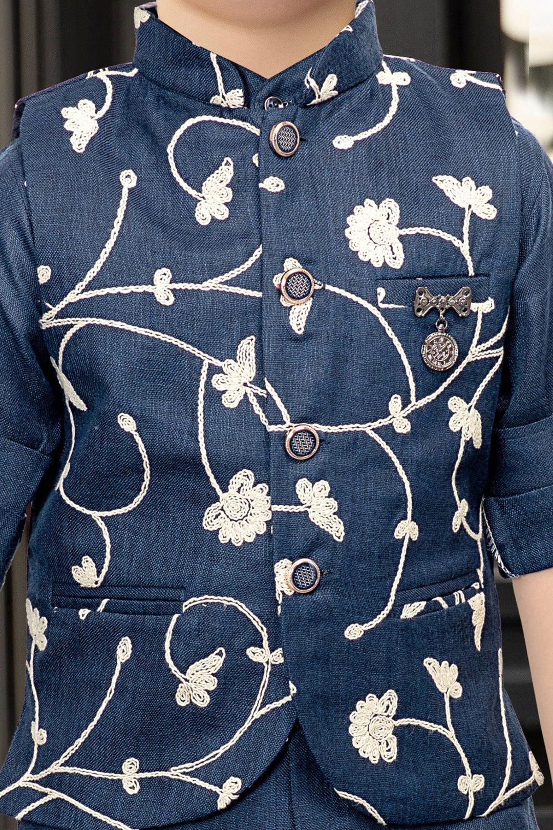 Teal Blue Thread work Waist Coat and Beige Pant Set for Boys with Belt