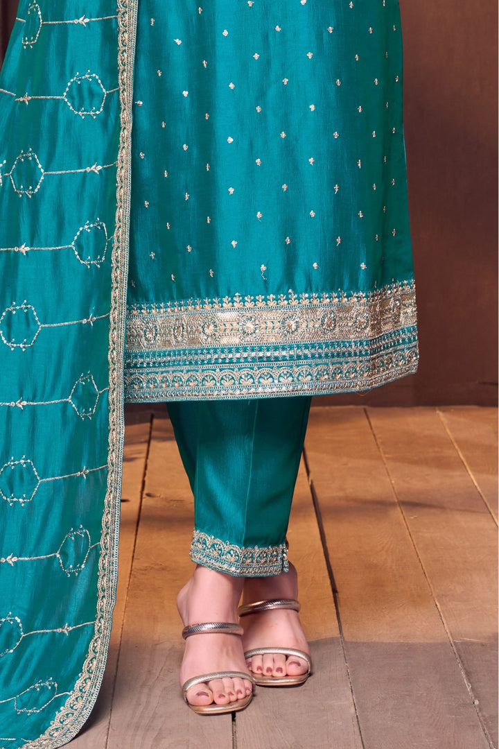 Rama Blue Sequins, Zari and Beads work Straight Cut Salwar Suit