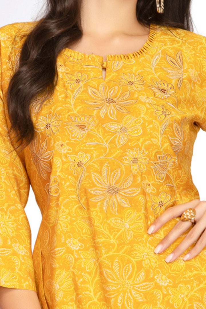 Yellow Mirror and Thread work with Digital Print A-Line Cut Calf Length Kurti