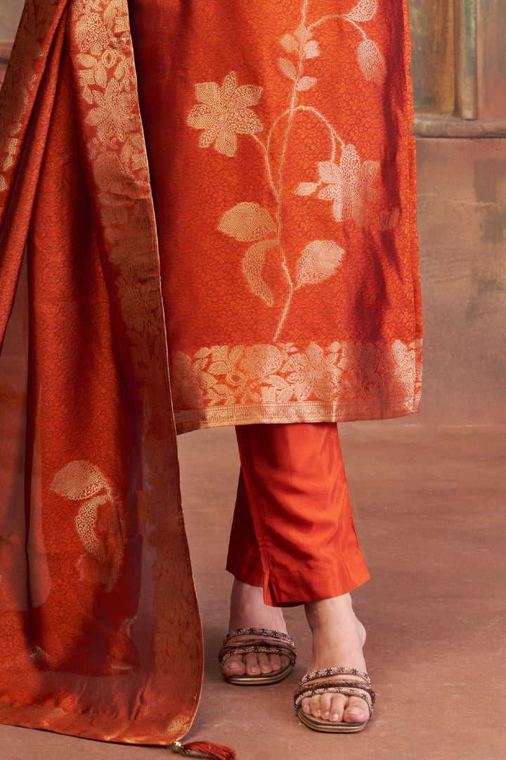 Orange Straight Cut Salwar Suit with Banaras, Stone, Zardozi and Beads work