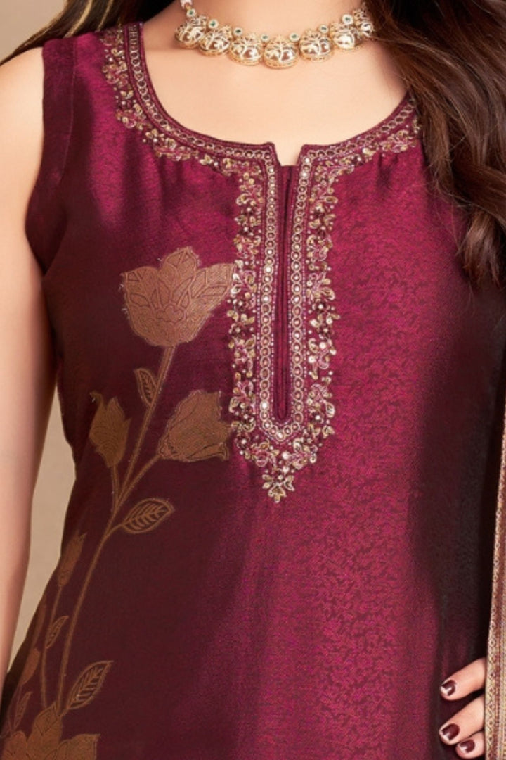 Wine Zari, Beads and Stone work Straight Cut Salwar Suit