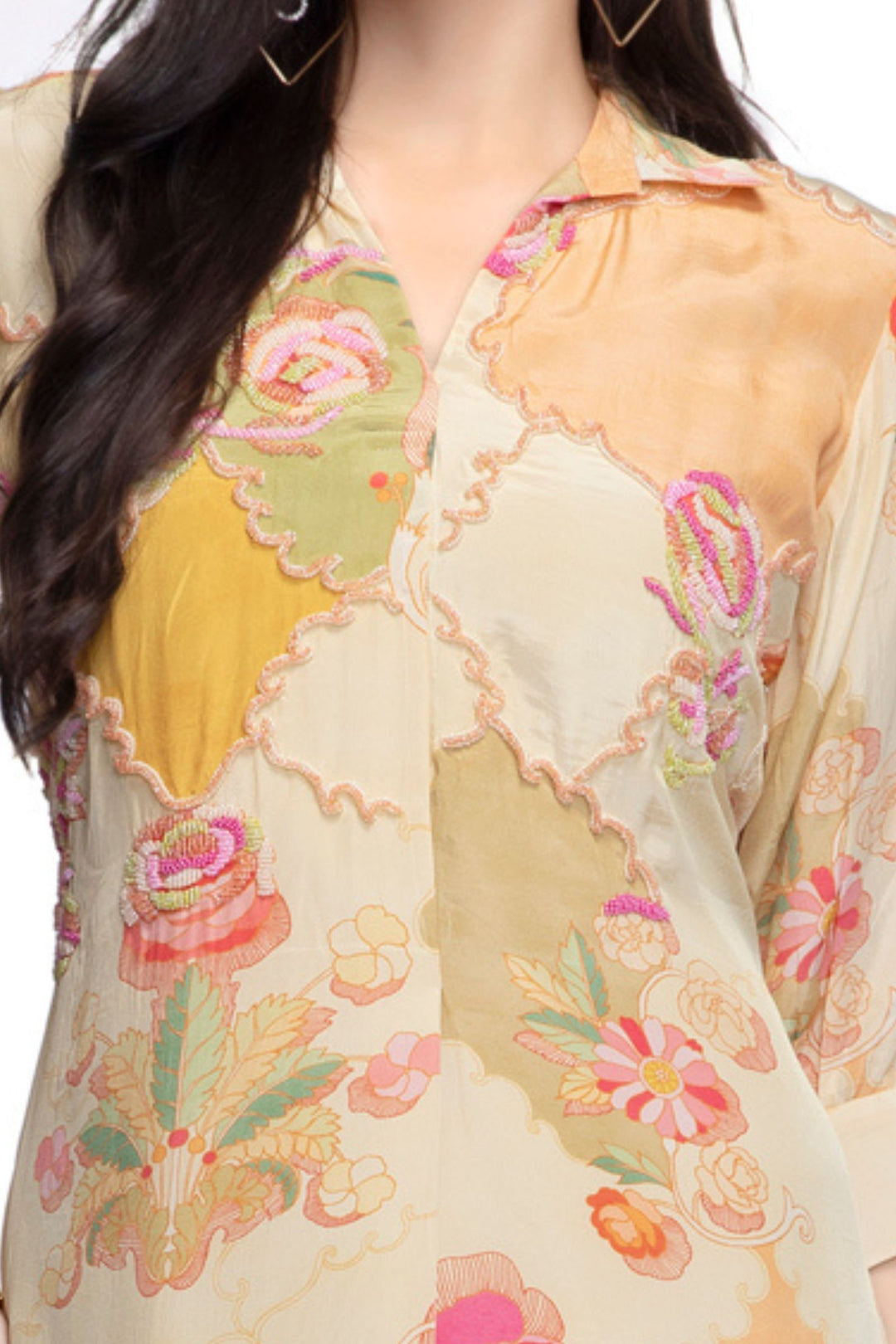 Cream Beads work with Floral Print Anarkali Styled Kurti