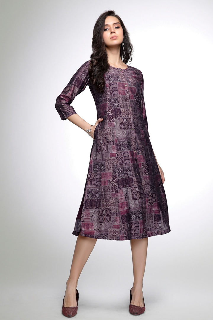 Wine with Digital Print Calf Length Kurti