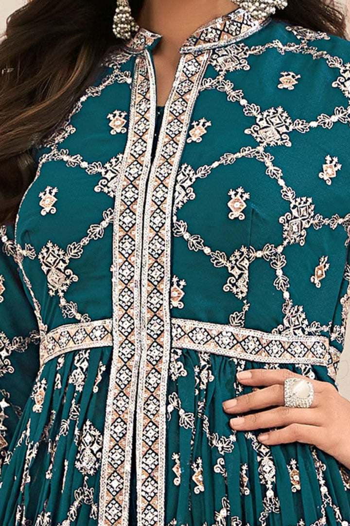 Peacock Blue Sequins and Zari work Mastani Styled Palazzo Suit