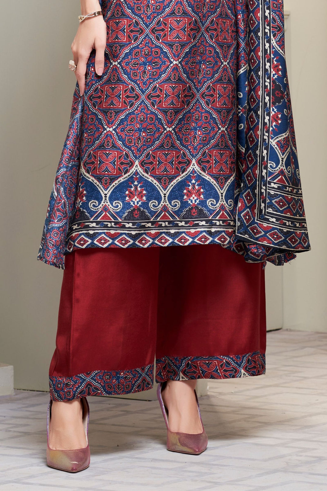 Navy Blue with Maroon Ajrakh Print, Sequins and Beads work Palazzo Salwar Suit
