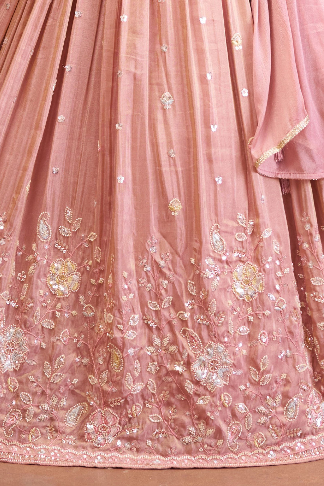 Peach Beads, Pearl, Multicolor Thread and Sequins work Peplum Style Lehenga