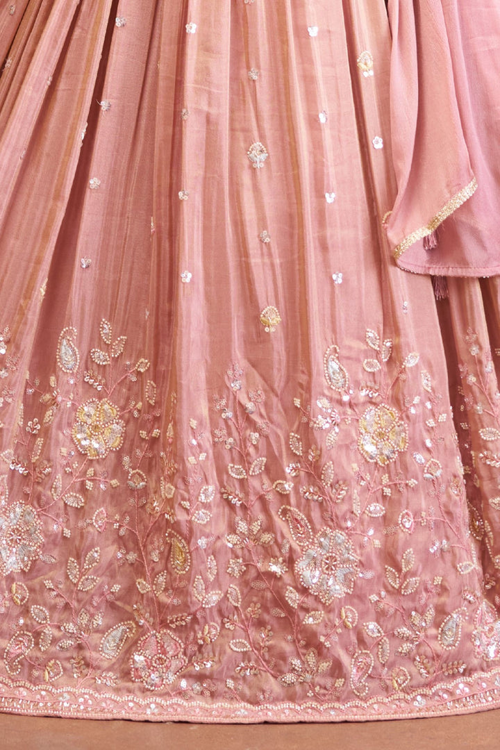 Peach Beads, Pearl, Multicolor Thread and Sequins work Peplum Style Lehenga