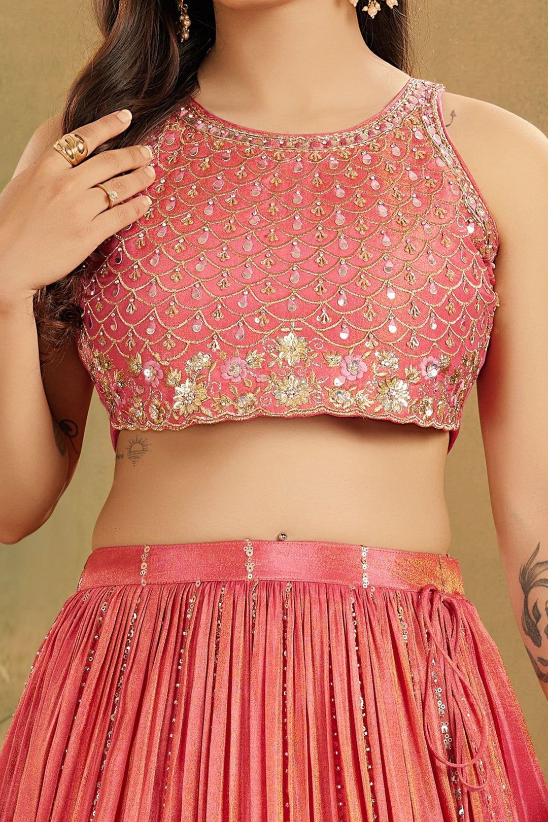 Peach Sequins, Thread, Zari, Beads and Stone work Lehenga Choli for Girls