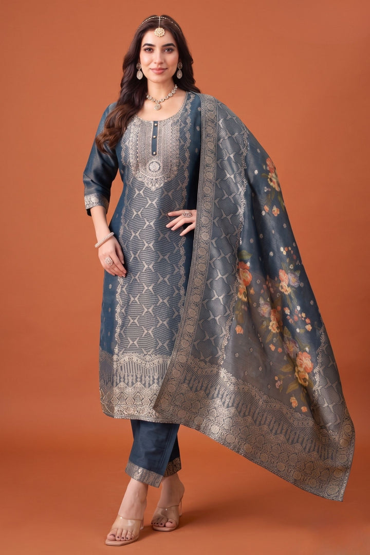 Teal Blue Banaras, Beads, Stone and Sequins work Straight Cut Salwar Suit
