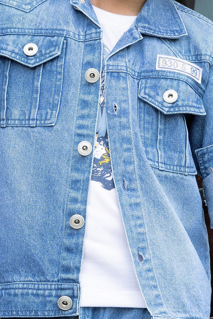 Light Blue with White Printed Blazer, T-Shirt and Pant Set for Boys with Belt