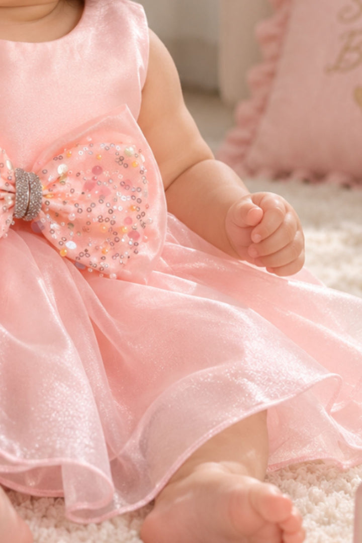 Peach Sequined Bow Partywear Short Frock for Girls