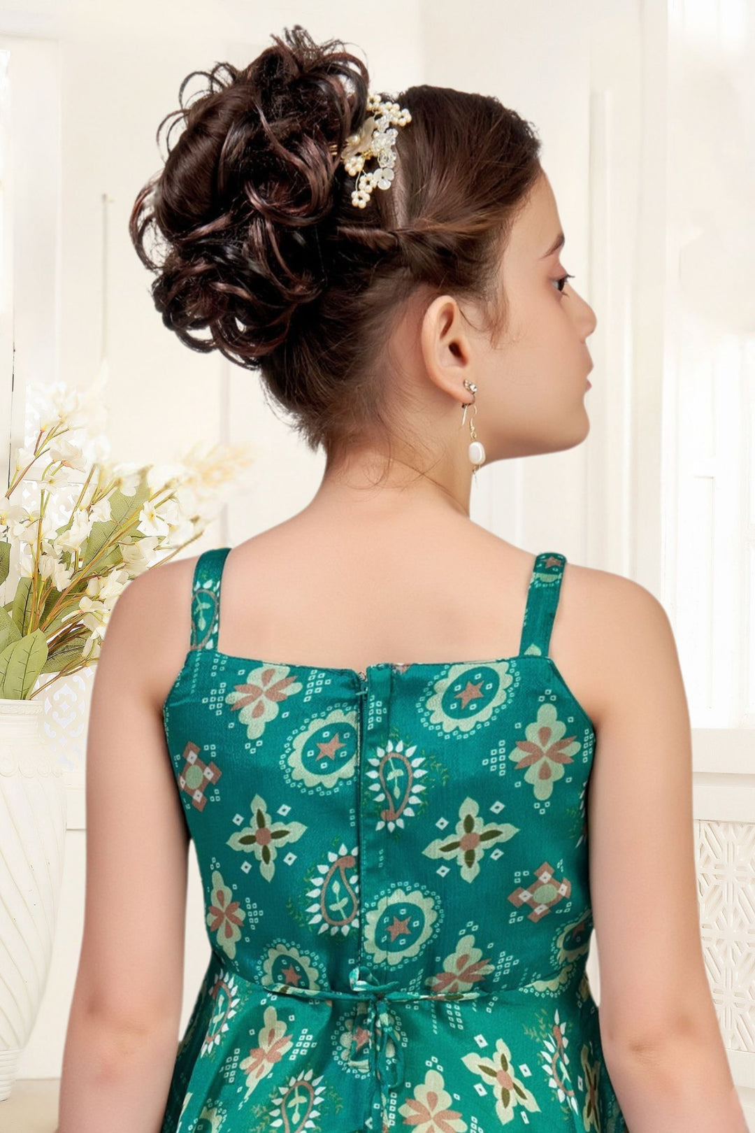 Rama Green Zari, Sequins and Stone work with Digital Print Palazzo Set For Girls