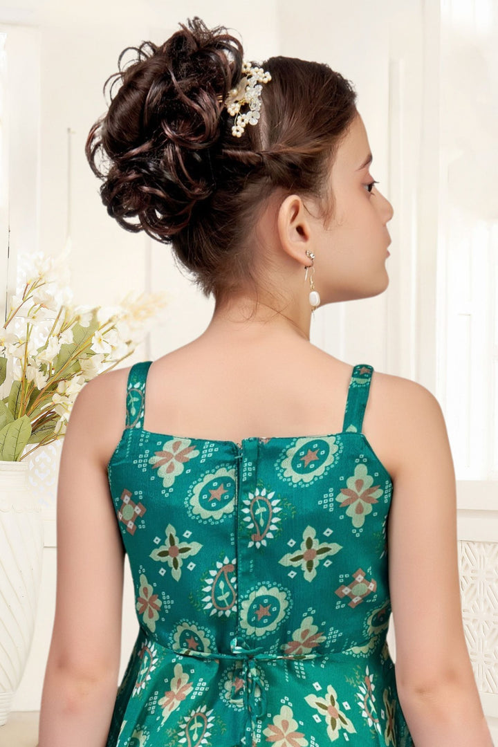 Rama Green Zari, Sequins and Stone work with Digital Print Palazzo Set For Girls