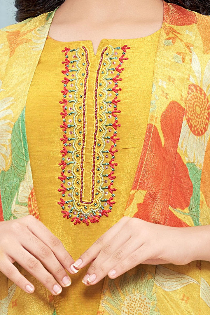 Yellow Zari Weaving with Digital Print Overcoat Salwar Suit for Girls