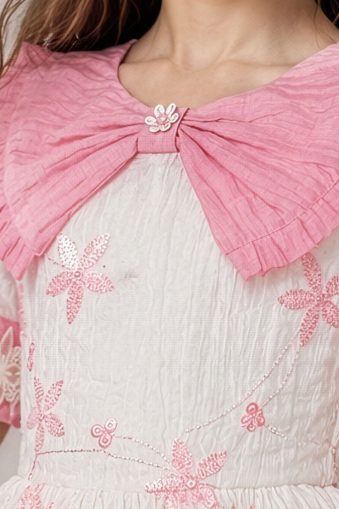Half White with Pink Embroidery and Sequins work Short Frock For Girls