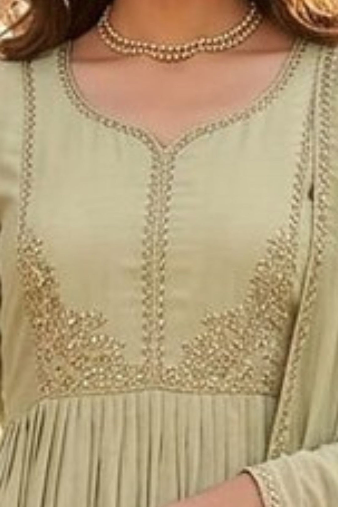 Pista Green Beads and Sequins work Anarkali Style Salwar