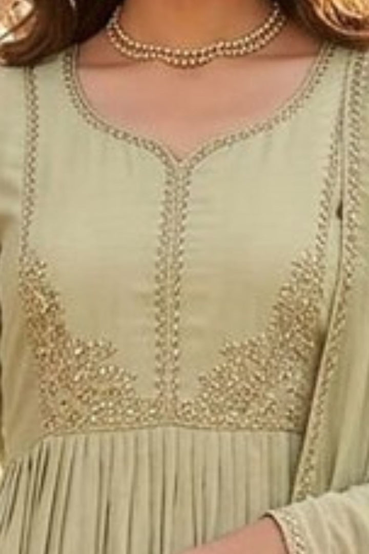 Pista Green Beads and Sequins work Anarkali Style Salwar