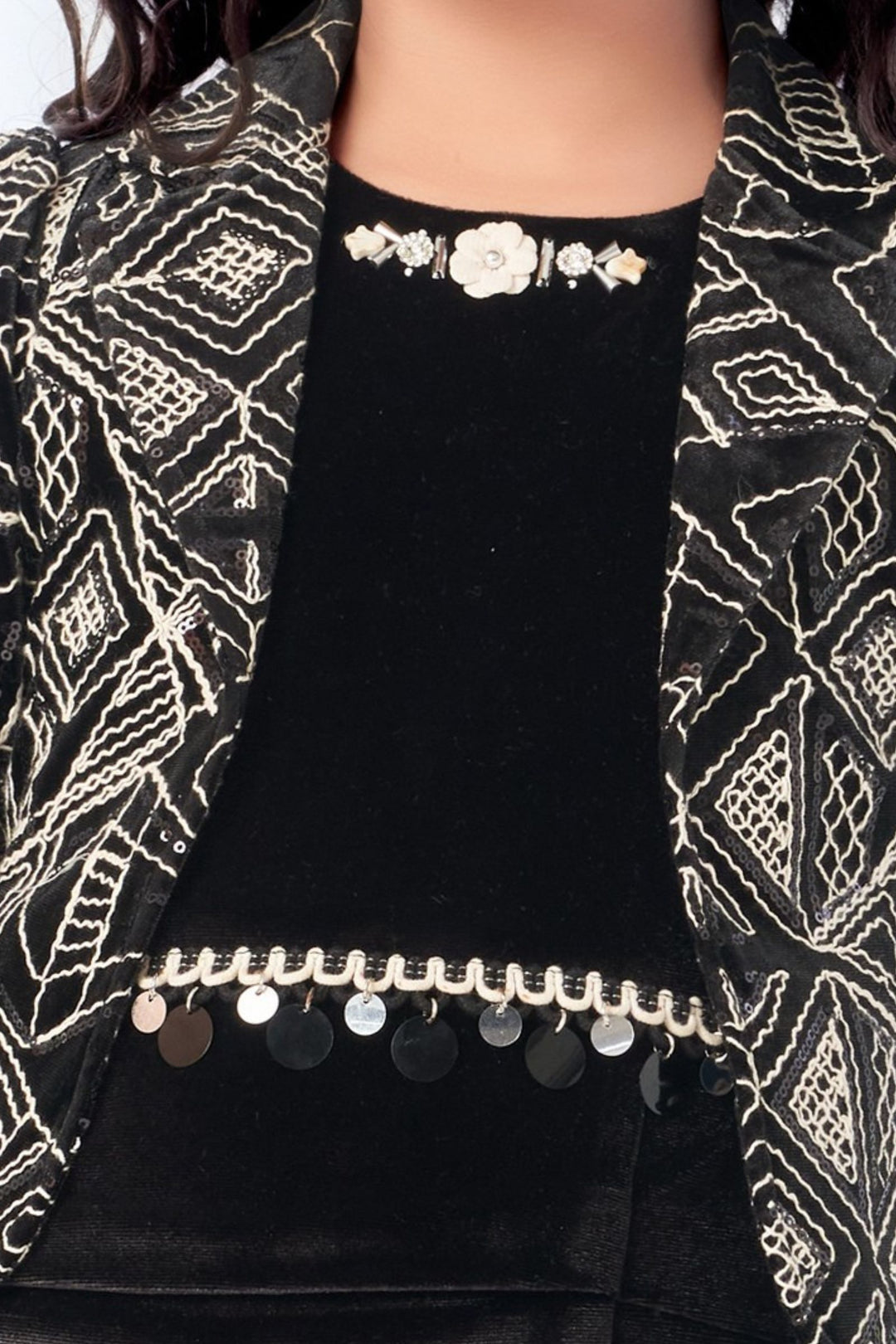 Black Sequins and Thread work Jacket Styled Short Frock For Girls