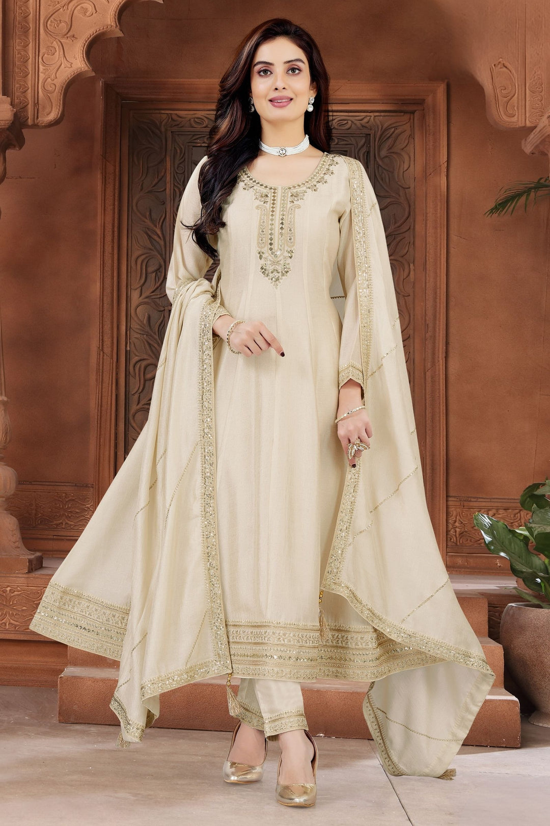 Cream Sequins, Beads and Zari work Anarkali Style Salwar