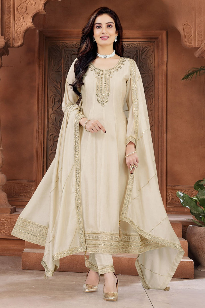 Cream Sequins, Beads and Zari work Anarkali Style Salwar