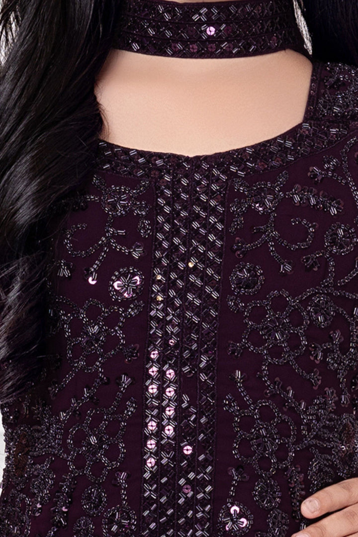 Wine Beads and Sequins work Palazzo Suit Set for Girls