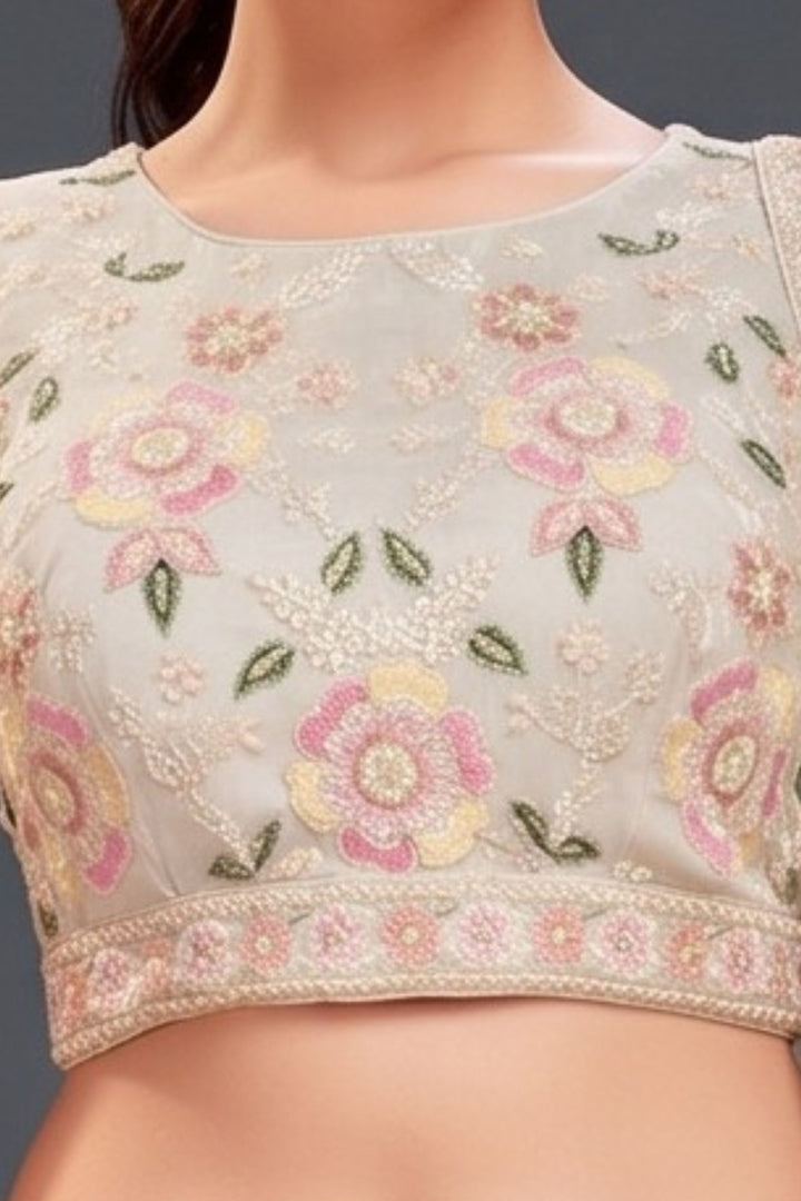Cream Multicolor Embroidery, Sequins and Beads work Lehenga Set